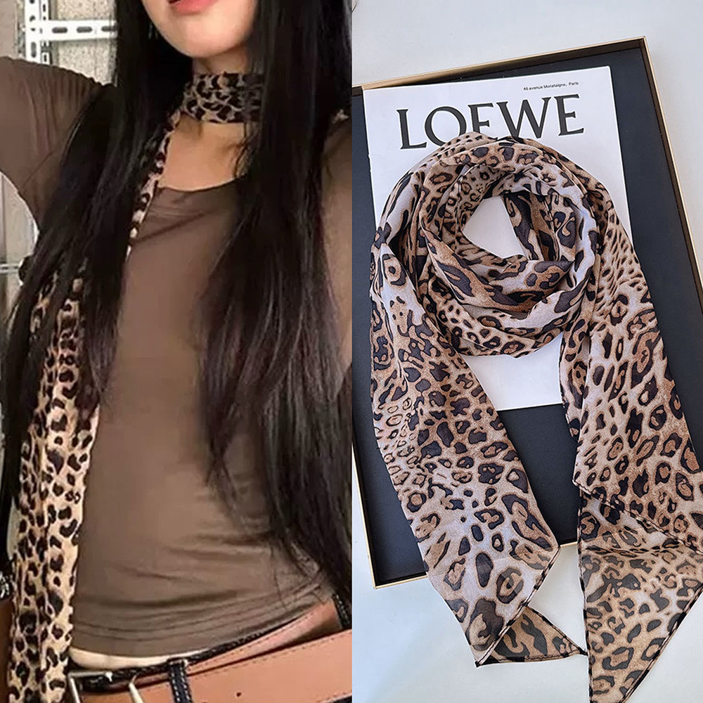 Leopard Small Long Silk Scarf  - Ascot Neck Scarf 리뷰 및 가격